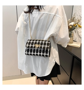 Detail view of black and white tweed crossbody bag with gold chain and metal buckle