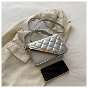 Detail of silver quilted handbag with golden metal buckle and sleek crossbody strap