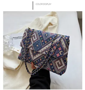 Detail of blue jacquard woven shoulder bag with gold chain strap and geometric pattern