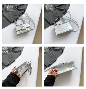 Detail view of silver crocodile embossed mini bag with metallic M logo from multiple angles