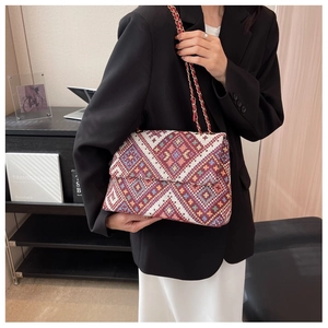 Detail of ethnic geometric woven crossbody bag with gold metal and red leather chain strap