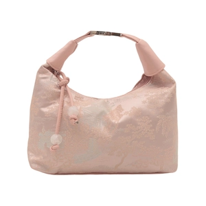Pink Chinese style handbag with landscape jacquard pattern and tassel detail
