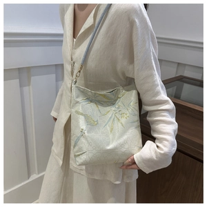 Silk texture crossbody bag with bamboo embroidery for women, elegant vintage style