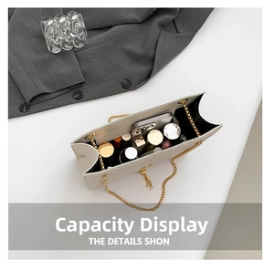 Detail view of large capacity beige shoulder bag interior with makeup storage space
