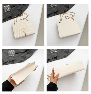 Detailed views of beige V-quilted chain bag with gold S-logo and metal tassel