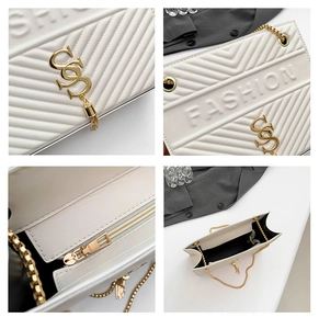 Detailed views of white quilted crossbody bag with gold chain strap and fashion charms