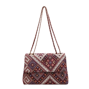 Chic retro ethnic style woven shoulder bag with colorful geometric patterns and chain strap