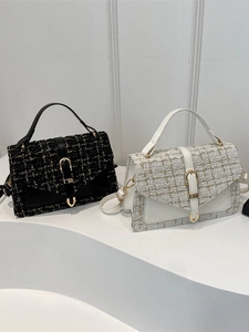 Sac À Main Bandoulière Femme En Tweed Et Similicuir Petit Sac Carré Élégant Design De Niche Rétro Français Boucle Dorée
