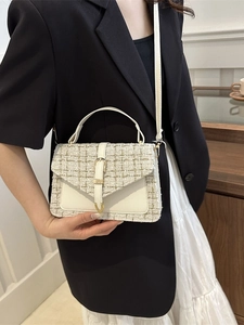 Sac à main chic en tweed et similicuir avec boucle dorée pour femmes élégantes