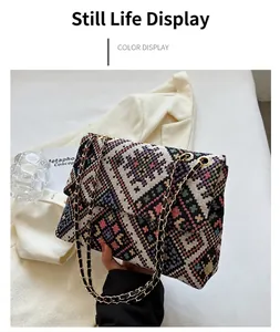 Detail of colorful geometric woven pattern and gold chain strap on stylish shoulder bag