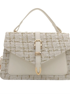 Sac à main élégant en tweed et cuir avec boucle fer à cheval dorée et poignée supérieure