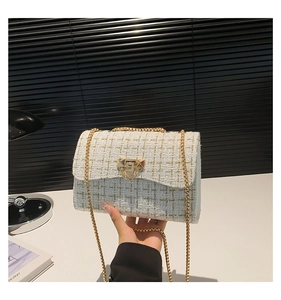 Detail of white tweed shoulder bag with gold chain strap and geometric metal buckle lock
