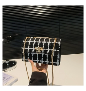 Close-up of black and white plaid tweed shoulder bag with gold metal buckle and chain strap