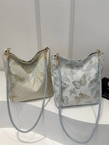 Oriental Vintage Style Embroidery Crossbody Bag Butterfly Bamboo Pattern Jacquard Fabric Shoulder Bucket Bag For Women