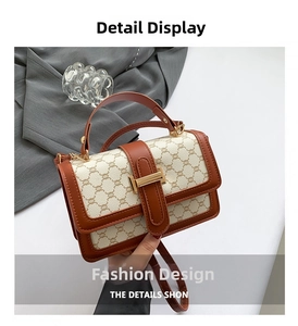 Detail of vintage triomphe lock and monogram fabric on brown leather shoulder bag