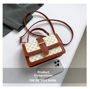 Detail view of mini monogram crossbody bag with leather trim and smartphone for size scale