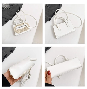 Détails du patchwork en paille et de la finition en similicuir sur le mini sac à main