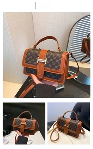 Trois angles de vue d'un sac carré vintage marron avec fermoir en métal doré