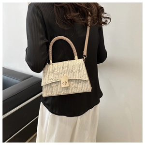 Detail of woven straw bag with floral embroidery and gold twist lock closure