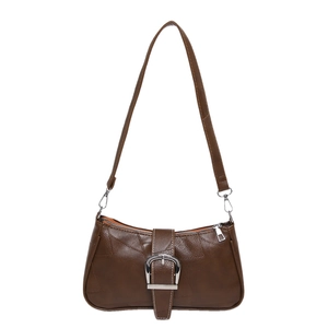 Dark brown underarm baguette bag with lychee texture and large silver buckle detail