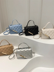Women Rhombic Quilted Crossbody Bag PU Leather Top Handle Trendy Small Square Handbag With Gold Metal Bar Decoration