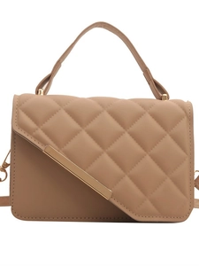 Chic beige quilted handbag with gold metal trim and top handle for women's fashion