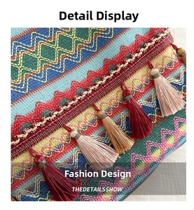 Close-up of bohemian woven tote bag with colorful geometric patterns and decorative tassels