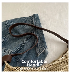 Close-up of the woven texture and dark brown leather handle on a summer crossbody bag