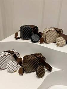 Vintage Print Crossbody Camera Bag For Women PU Leather Small Square Bag With Round Coin Purse Wide Strap Retro Fashion