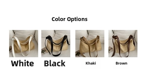 Selection of straw tote bags in white, black, khaki, and brown color options