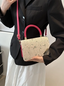 Chic woven straw square handbag with delicate flower embroidery and pink handles