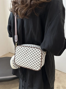 Retro print crossbody camera bag with wide strap and mini round pouch attachment