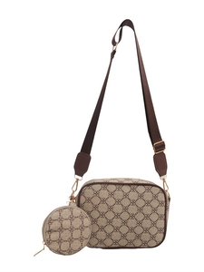 Retro monogram camera bag set with adjustable wide shoulder strap and round coin purse