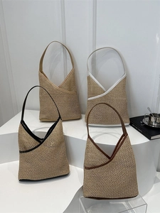 Woven Straw Shoulder Bag With PU Leather Trim Retro Large Capacity Summer Beach Vacation Hobo Tote Handbag For Women