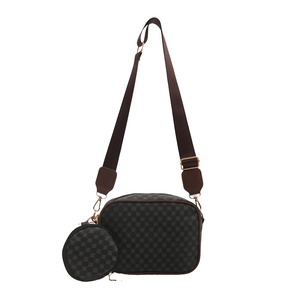 Retro plaid crossbody camera bag set with round coin purse and wide nylon strap