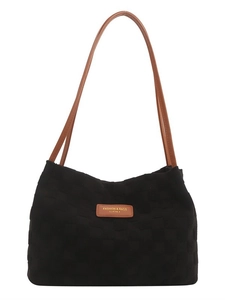 Minimalist black checkered tote bag with brown leather straps for daily casual use