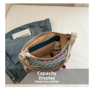 Top view of the spacious ethnic tote interior showing capacity for books and umbrella