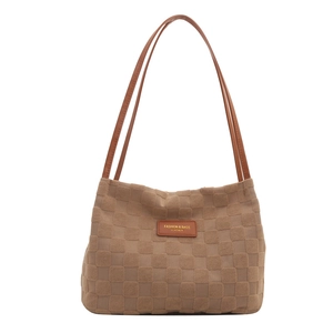 Brown checkered texture nylon tote bag with leather straps and front fashion logo label