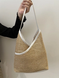 Handwoven raffia hobo bag with white leather trim and large capacity for summer vacation