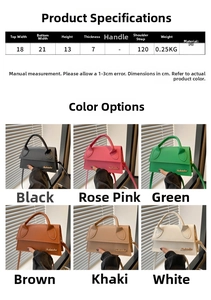 Size chart showing PU leather handbag dimensions 21x13x7cm with 120cm strap length