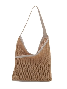Handwoven straw shoulder tote bag with white leather straps and khaki mesh crochet
