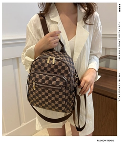 Detail of checkered backpack featuring gold-tone zippers and multiple storage pockets