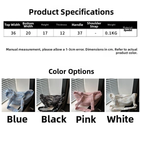 Size chart showing dimensions and colors of the quilted dumpling crossbody shoulder bag