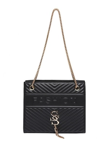 Classic black quilted leather shoulder bag with gold chain and fringe pendant accessory