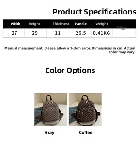 Detailed size specifications for small plaid backpack with dimensions and material info