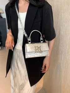 Silver crocodile pattern square bag with metal logo and chain strap for women