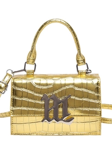Elegant gold crocodile embossed mini square bag with metallic M logo and chain strap