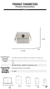 Detailed size specifications and material chart for the white minimalist PU leather bag