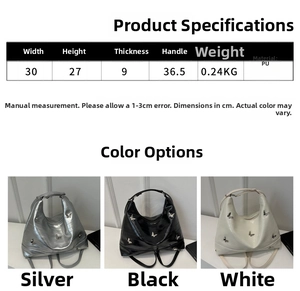 Size chart showing PU backpack dimensions 30x27x9cm with metallic butterfly accents