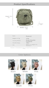 Detail view of nylon drawstring crossbody bag showing dimensions 15.5cm wide and 19.5cm high